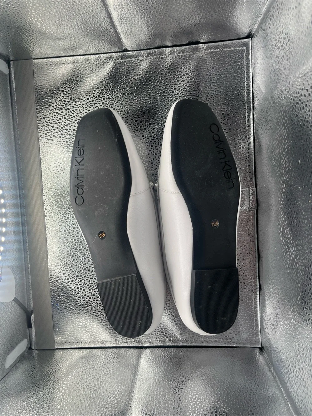 Calvin Klein White Leather Loafers with Silver Chain